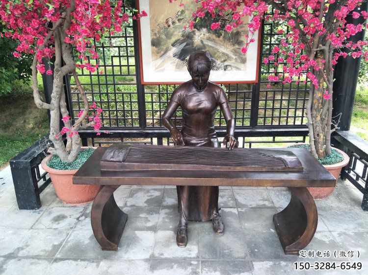 海北弹古筝雕塑厂家，景观概念，民俗人物雕塑通用